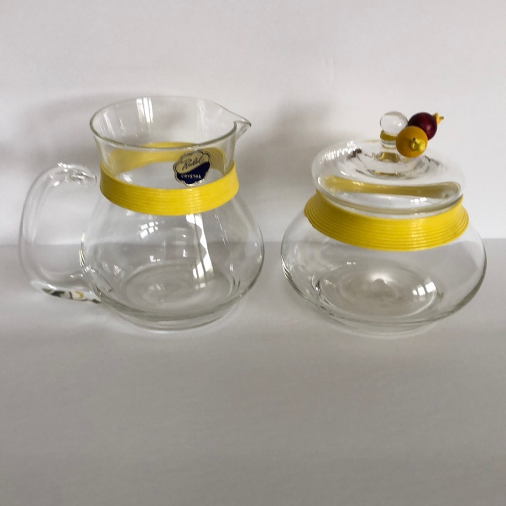 Vintage Rubel Crystal Retro Sugar Creamer  Yellow Banding Trim And Wood Beads